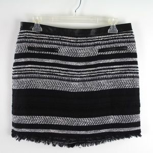 Rebecca Taylor Stripe Tweed Fringe Trim Mini Skirt Lamb Leather Trim 8 NEW